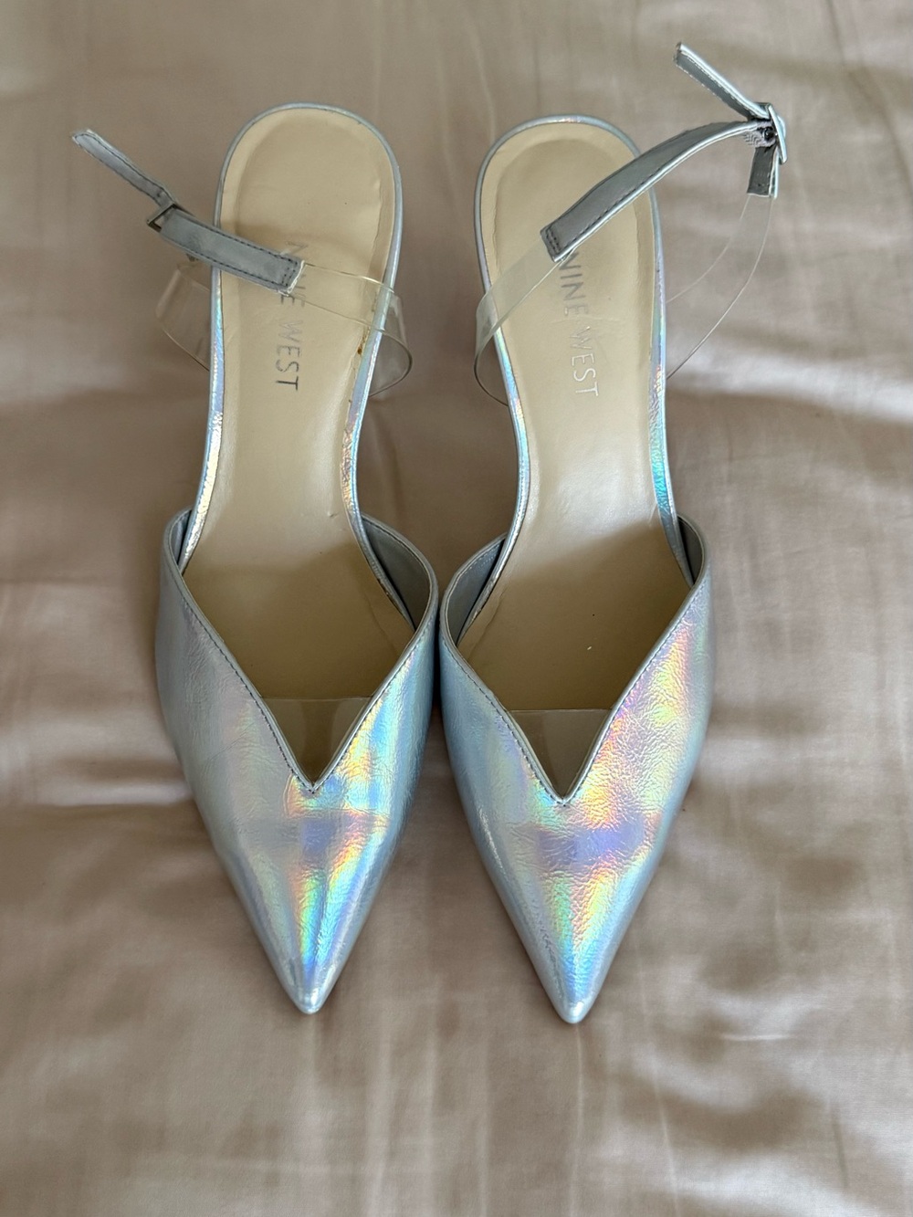 Nine West Iridescent Silver Pointed-Toe Slingback Heels